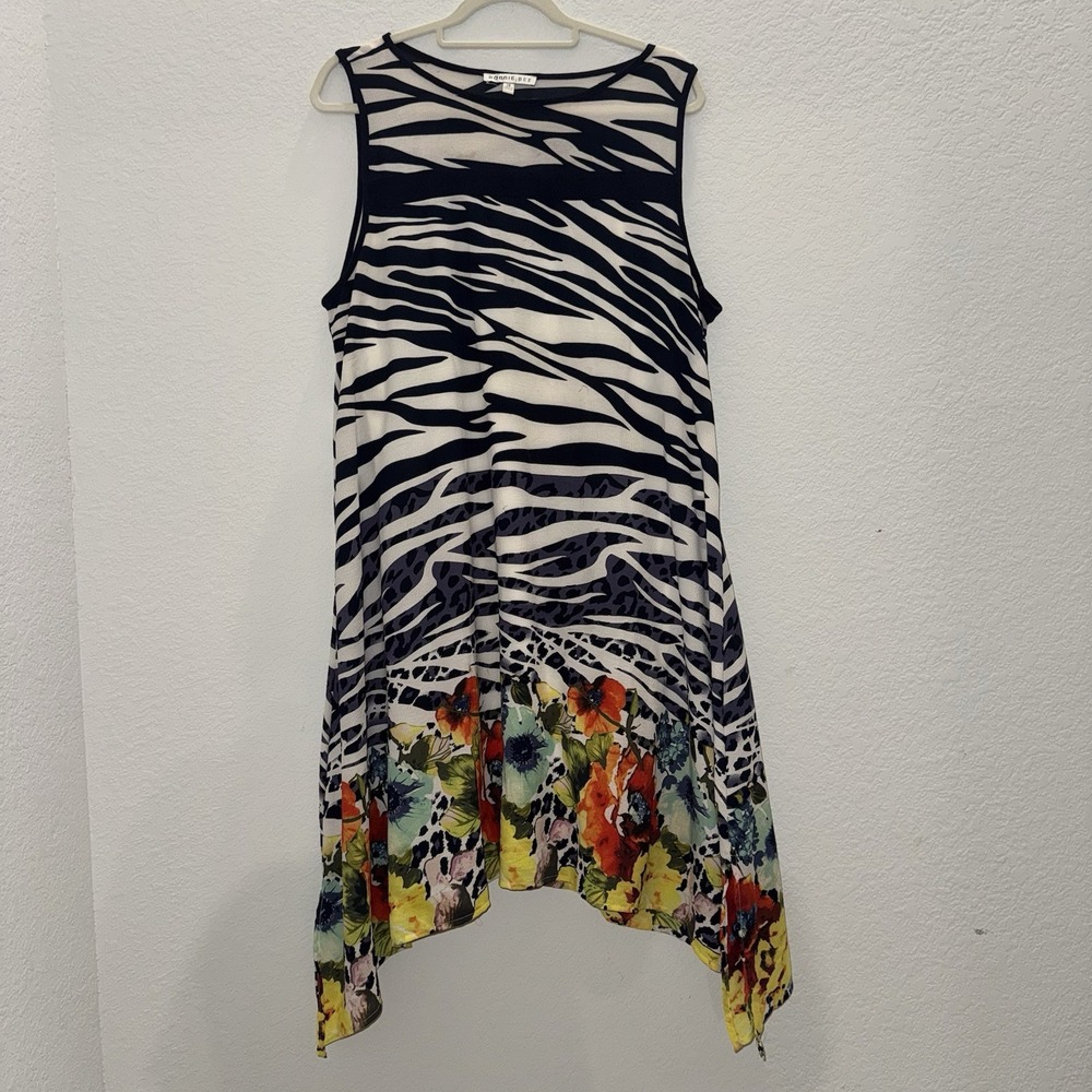 Robbie Bee Womens A line Border Dress Sz 14 Spring Floral Animal Print Tropical